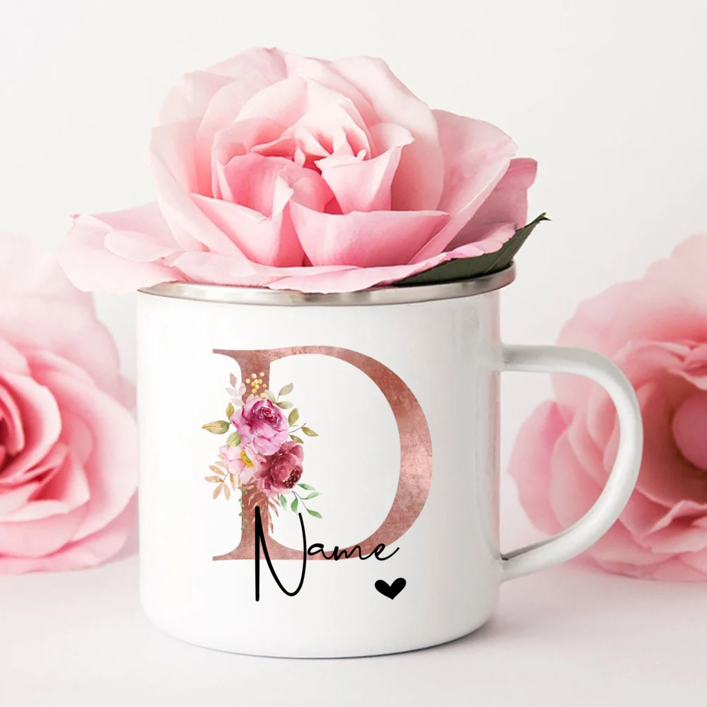 Caneca de café personalizada com letra inicial para mulheres, presentes de Natal, nome do monograma, caneca do esmalte, copos de acampamento