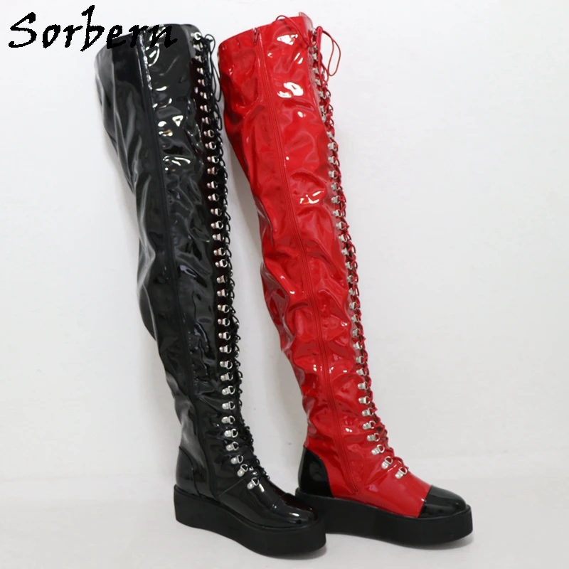 Sorbern Wedge High Heel Thigh High Boot Unisex Lace Up Flatform Winter Plush Lining Platform Shoes Round Toe Large Size Custom