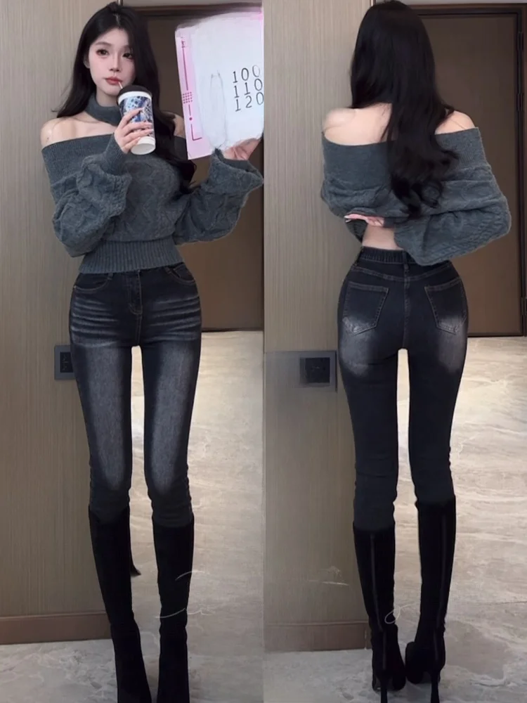 

High Waist Slimming Nine Points Jeans Retro Washed Bleached Denim Pencil Pants Highlight Hip Autumn Winter Women's Fashion