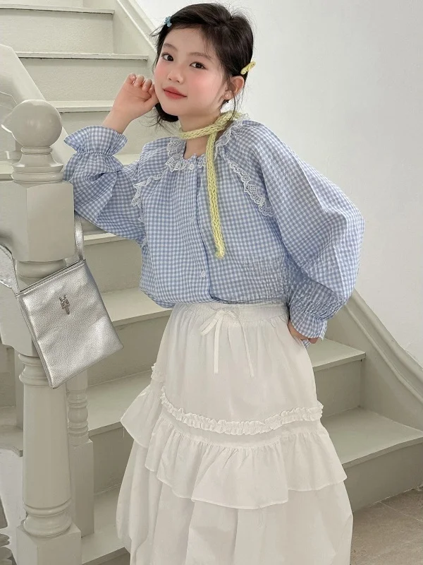 boraqin-韓国風子供服レースチェック柄シャツ花のつぼみスカートセット秋シーズン子供服コーディネートアンサンブル
