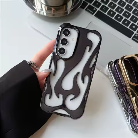 3D Plating Flame Pattern Phone Case For Samsung S25 Ultra S24 S22 S23 A16 A06 A15 A55 A14 A54 Fashion Hollow Shockproof Cover