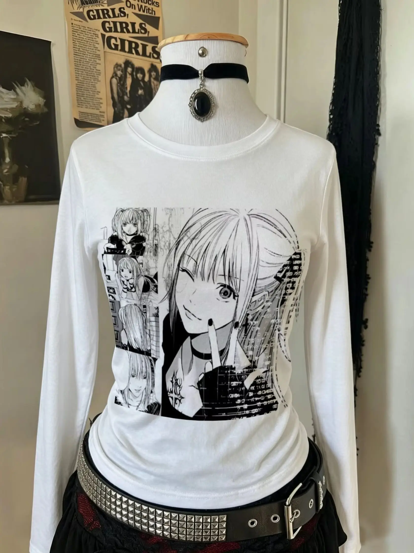 Damen Death Note Misa Amane Manga Panel Grafik Langarm-Oberteil Anime Y2K Harajuku Gothic Slim Weißes Crop-Shirt Streetwear – Detail 7