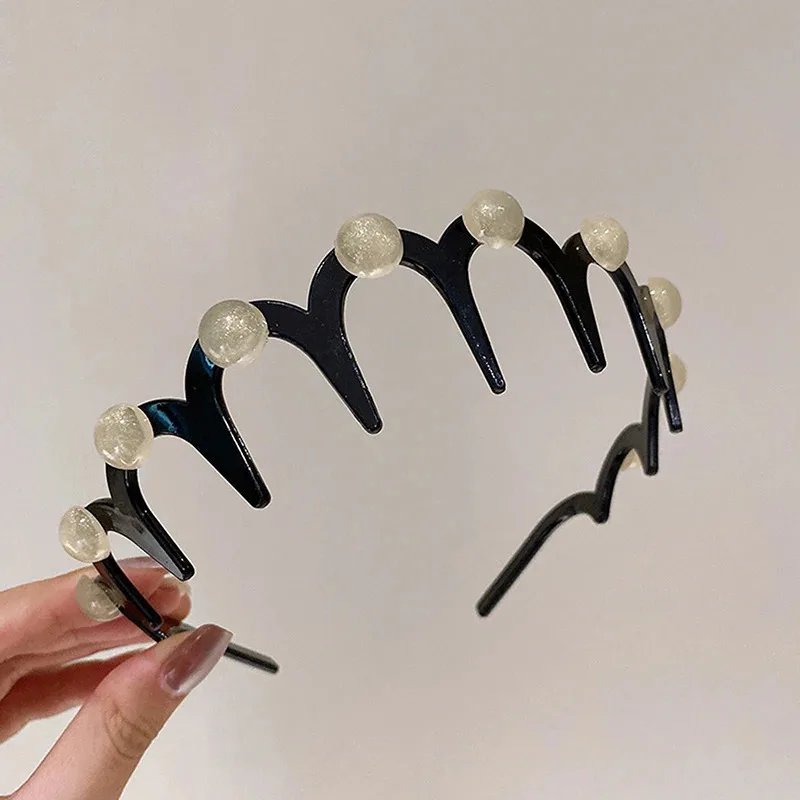 عصابات رأس موجة اللؤلؤ الموضة للنساء بلون صلب مع أسنان غير قابلة للانزلاق عصابات شعر لغسل الوجه للبنات عصابات رأس رياضية إكسسوارات شعر