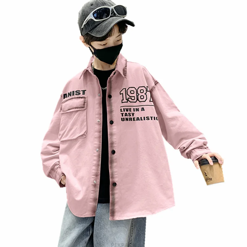 New Fashion Kids Long Sleeve Shirt For Teen Boys Korean Loose Style Teenage Boy Letter Blouse Tops 5 6 7 8 9 10 11 12 13 14 Year