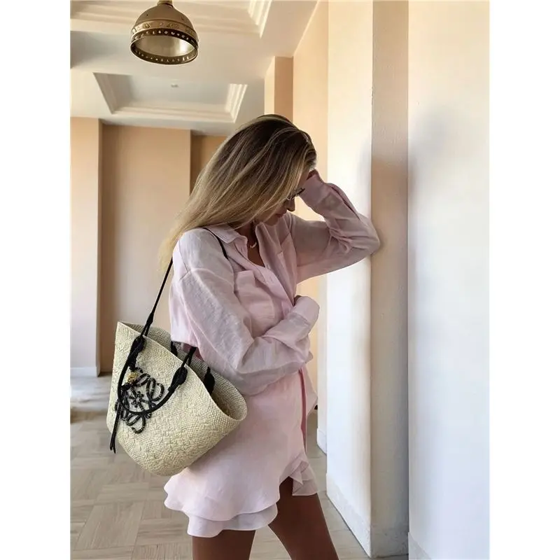 CYL-2피스 여름 의상 버튼다운 셔츠 탑과 스커트 캐주얼 라운지 세트