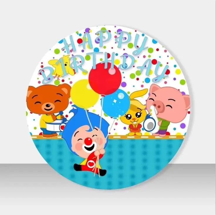 DIXSG Plim Happy Birthday Elastic Round Backdrop Blue Hair Clown Background Three Cylinders Background Circle Columns Cover