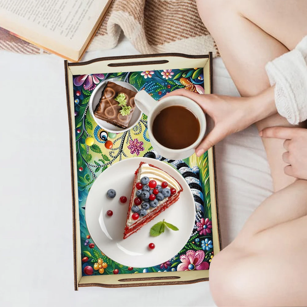 

5D DIY Алмазная картина Сервировочный поднос с ручкой Алмазный художественный деревянный поднос для посуды для вечеринок или кровати Поднос для еды