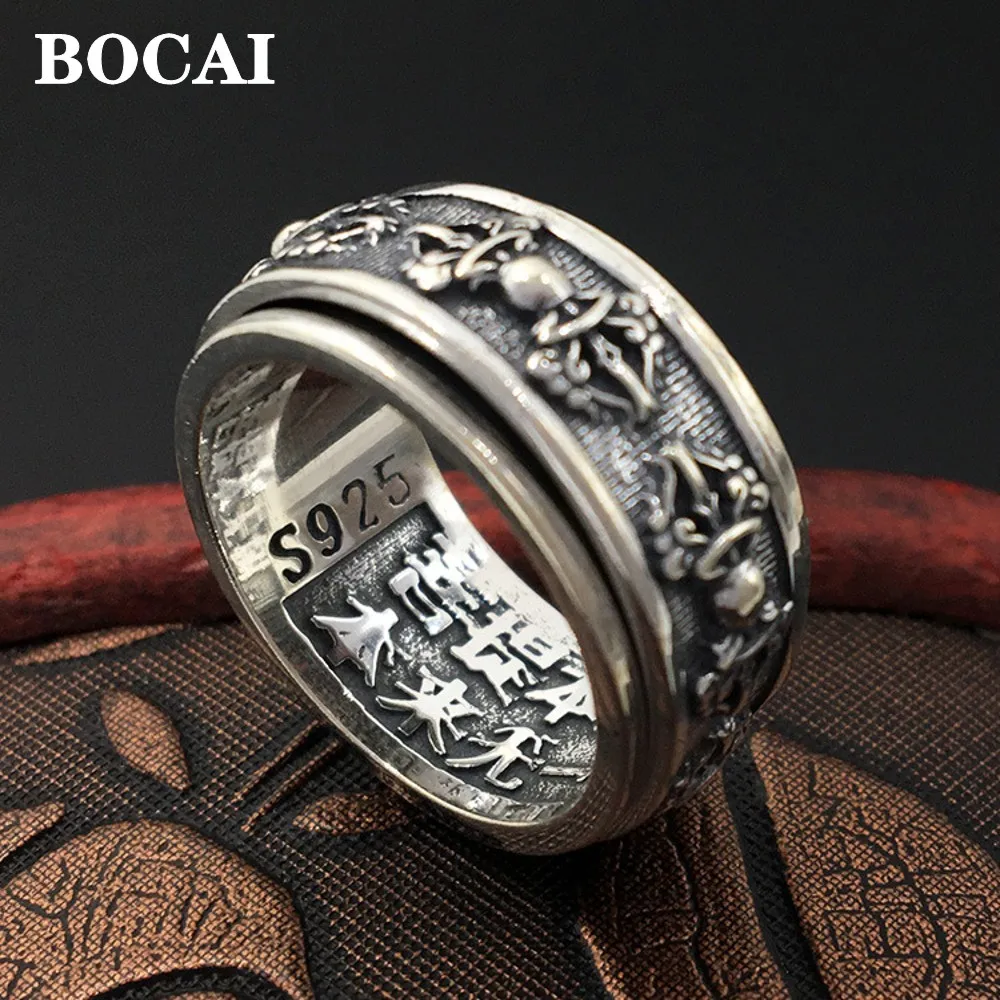 BOCAI Ne 100% Solid S925 Pure Silver Jewelry Pisces Peach Rotating Good Luck Fashion Woman and Man Ring