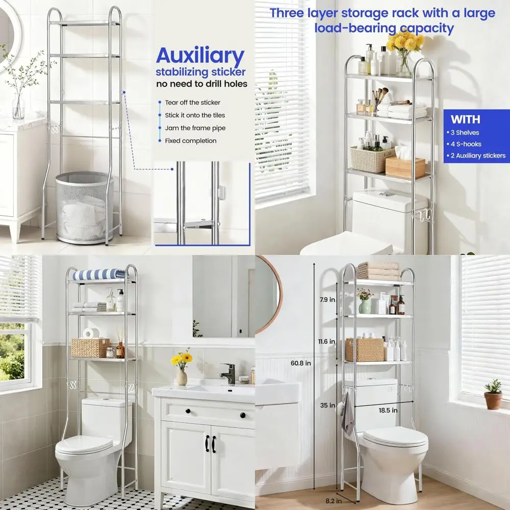 

Stainless Steel 3-Tier Over-the-Toilet Storage Rack, Space-Saving Bathroom Shelf Organizer