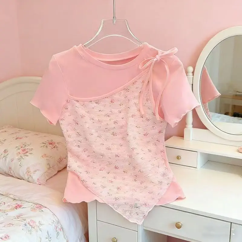 Girls French Patchwork Tie Short Sleeve T Shirt Women Summer Sweet Small Floral Two Piece Shoulder Top