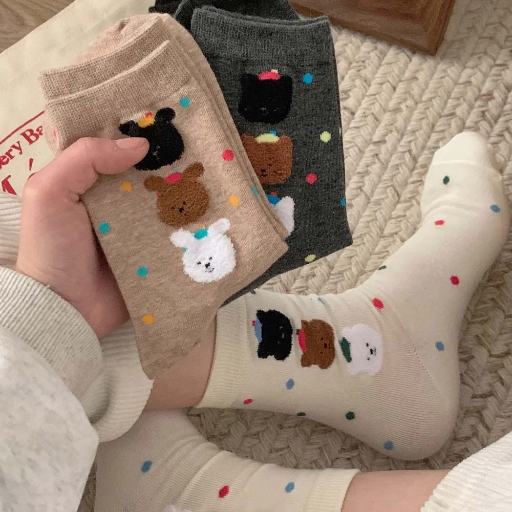 

Korean Style Bear Head Patterned Mid-Calf Socks Women's Flocking Colorful Dot Casual Socks Breathable Sweat Absorbent