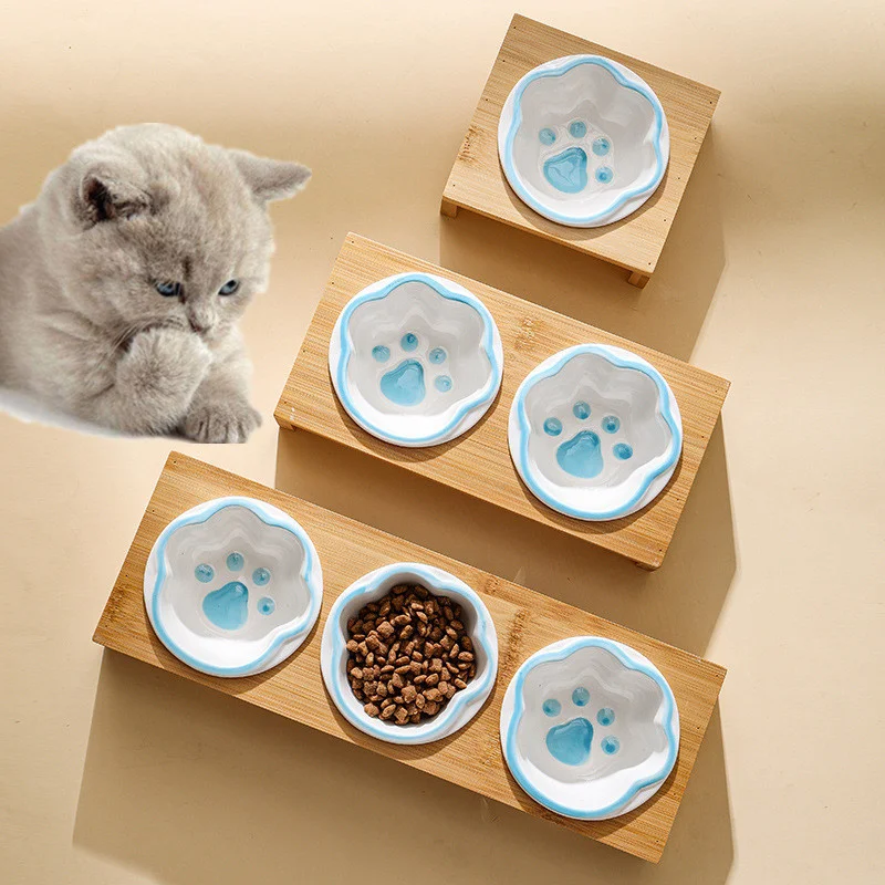 3 Bowls Cat Dog Feeders Bowl Ceramic Pet Food Tableware Water Bowl Bamboo Frame Antiskid Dog Cat Feeding Bowl Pet Supplies