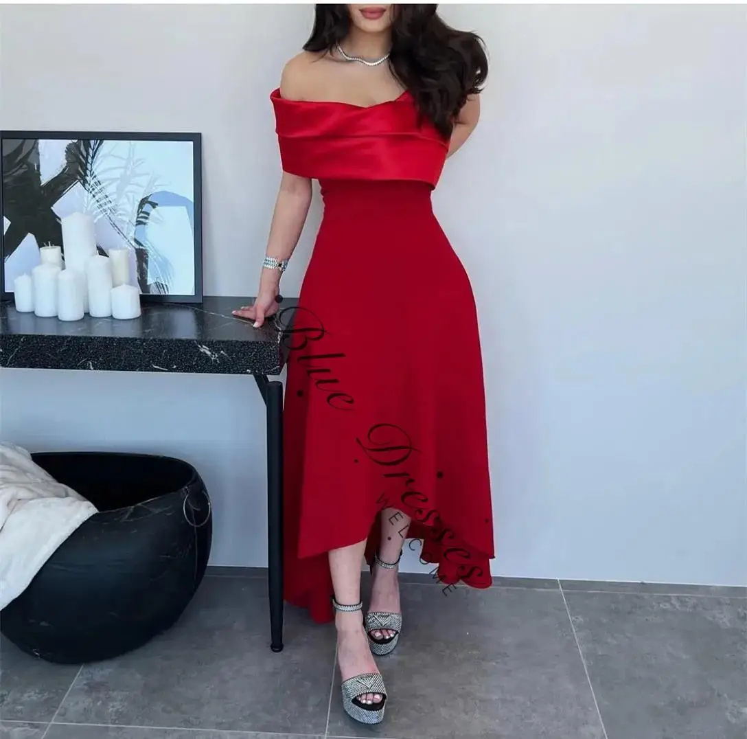 

customized Short Red Crepe Evening Dresses A-Line Boat Neck Pleated Dubai Tea Length Prom Dresses for Women