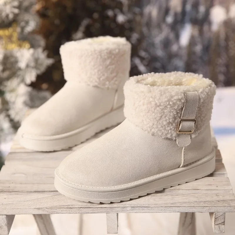 

New winter brand women's fur short boots - fashionable plush, thick, warm, anti-slip with buckle - large size snow boots