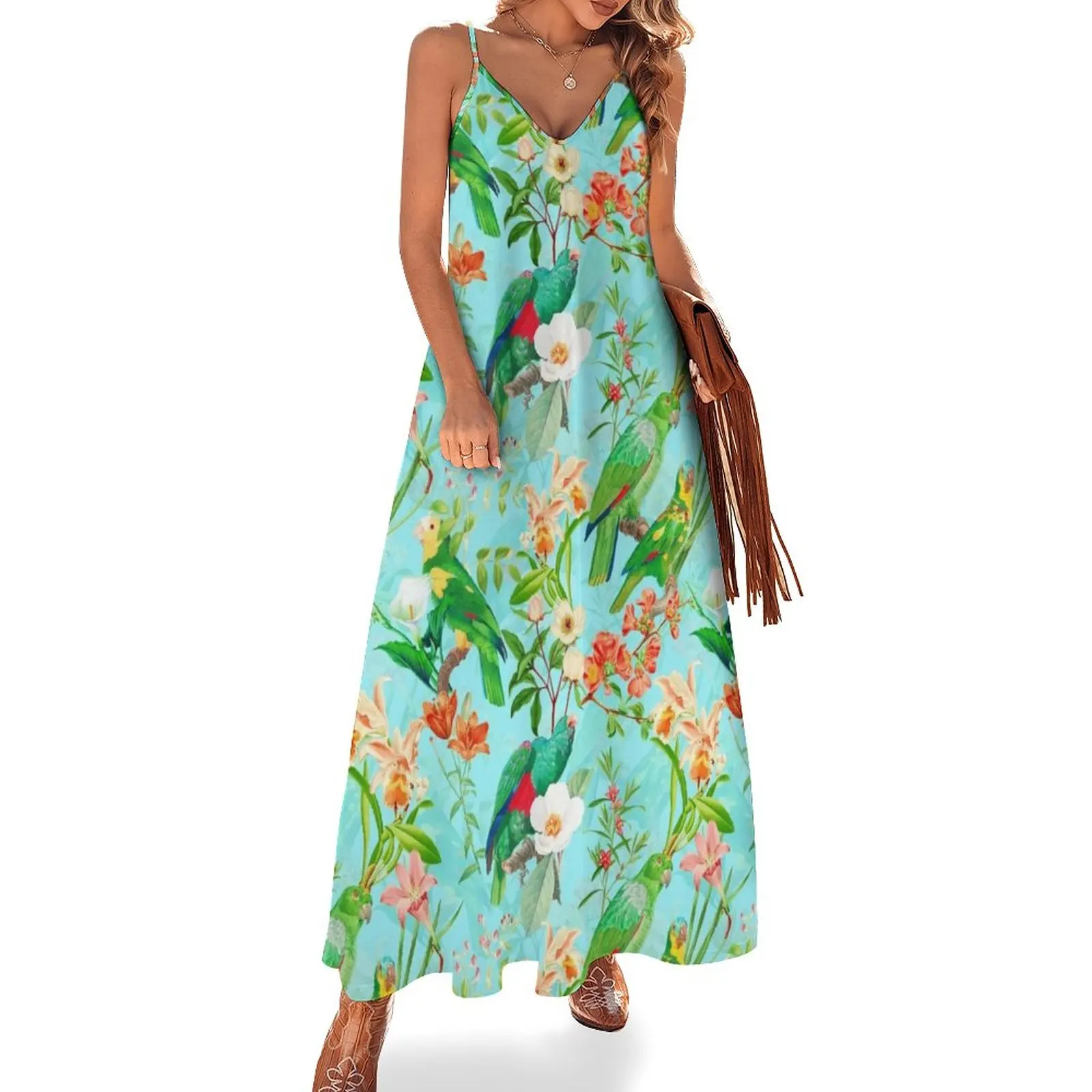 

Vintage Teal Tropical Bird Jungle Garden Sleeveless Dress women's luxury party dress Evening gown