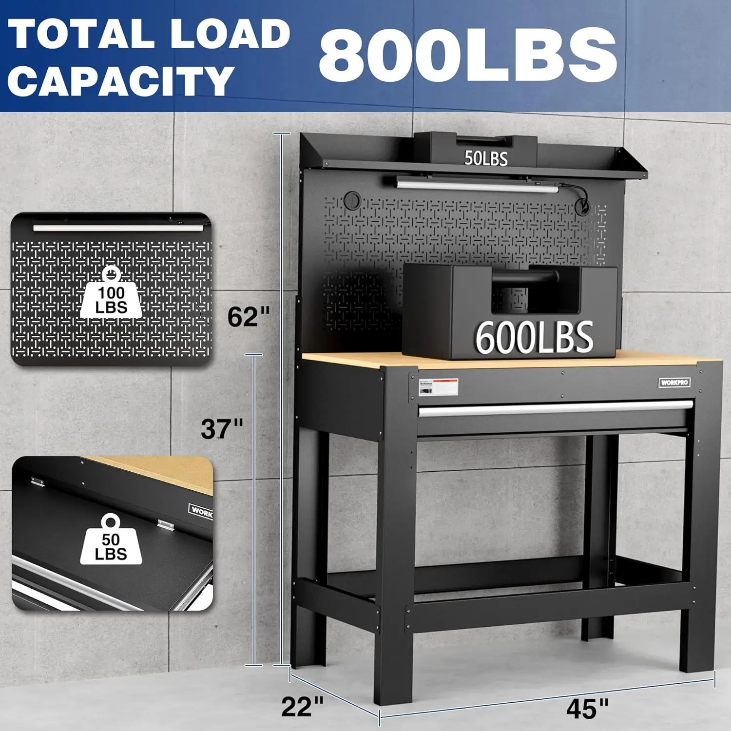 Garagewerkbank met opbergruimte, 45 inch werkbank met ophangbord, stopcontacten en licht, multifunctionele werkbank van 800 LBS