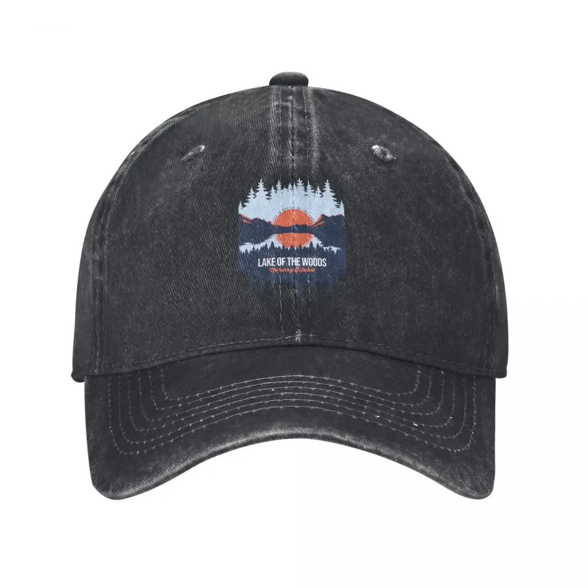 

Lake Of The Woods Norway Island Lake With Mountain And Pine Tree Baseball Cap derby hat Golf Snapback Cap Mens Tennis Women's