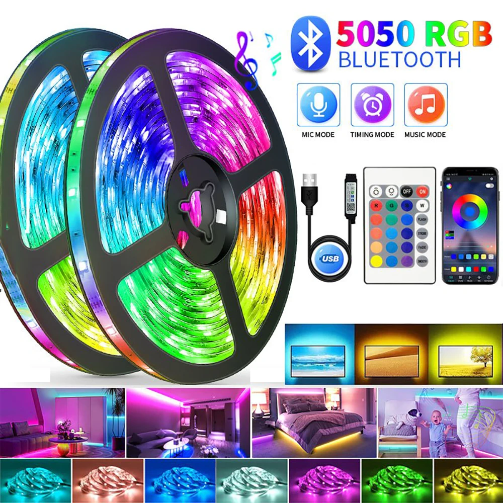 Bande lumineuse LED Bluetooth intelligente SMD 5050, télécommande avec application, ruban Flexible, lampe à Diode, rétro-éclairage TV, salle de jeux, décoration de la maison