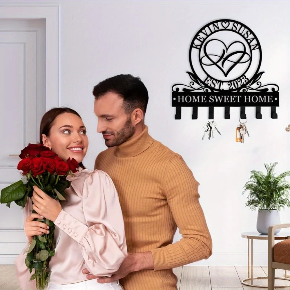 حامل مفاتيح معدني مخصص بطابع إنفينيتي | رف اسم شخصي مثبت على الحائط، خطافات مصنوعة يدويًا، هدية الهالوين وعيد الميلاد، ص الزفاف