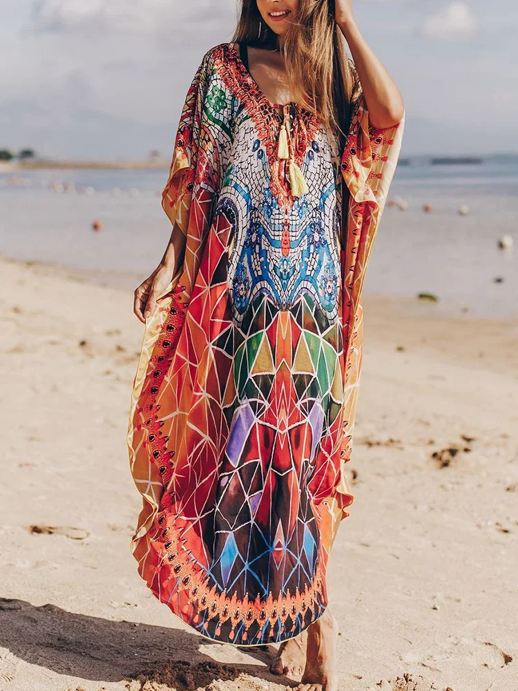 2025 Nieuwe Strand Cover-Ups Vrouwen Gewaad V-hals Lace Up Chic Gedrukt Strand Lange Jurk Plus Size Zomer Chic Mode badpak Cover Up
