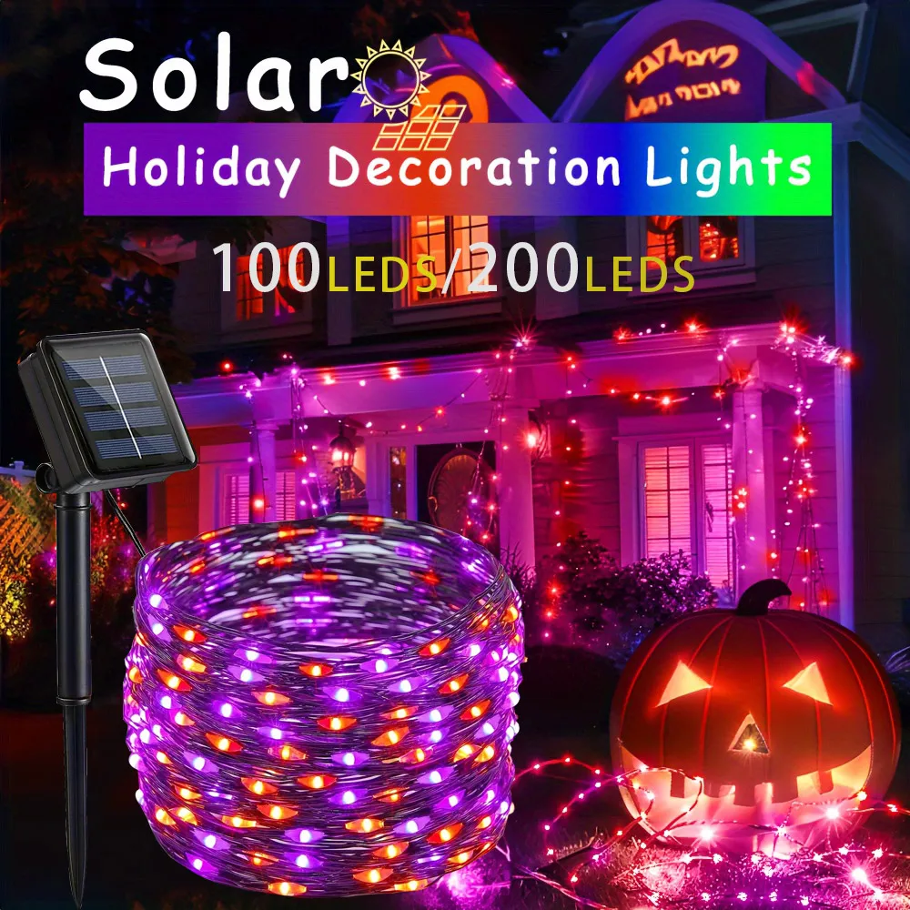 

100-200LEDs String Lights Orange & Purple Halloween Lights Solar Power Fairy Lights For Outdoor, Garden, Balcony Party Halloween