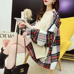 Fake Two Pieces Knitted Jumpers Vintage Plaid Spliced Autumn Winter New Casual Round Neck Women's Clothing Korean Loose Sweaters