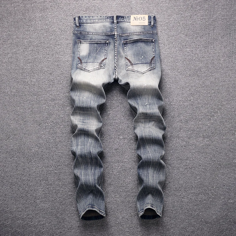 Italian Style Fashion Men Jeans Retro Gray Blue Elastic Slim Fit Ripped Jeans Men Vintage Designer Casual Splashed Denim Pants