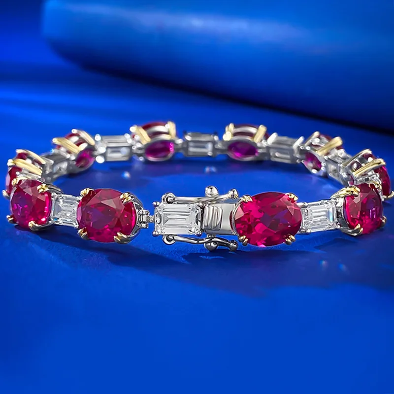 S925 Silver 7 * 9 Oval Pigeon Blood Red Full Diamond Bracelet for Women's Personalized Fashion and Temperament Wholesale