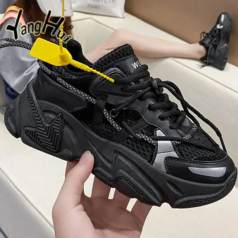 Sneakers Mesh Splicing Korean Style Plus Velvet Keep Warm Sports Leisure Black Shoes for Women 2023 New Autumn Winter