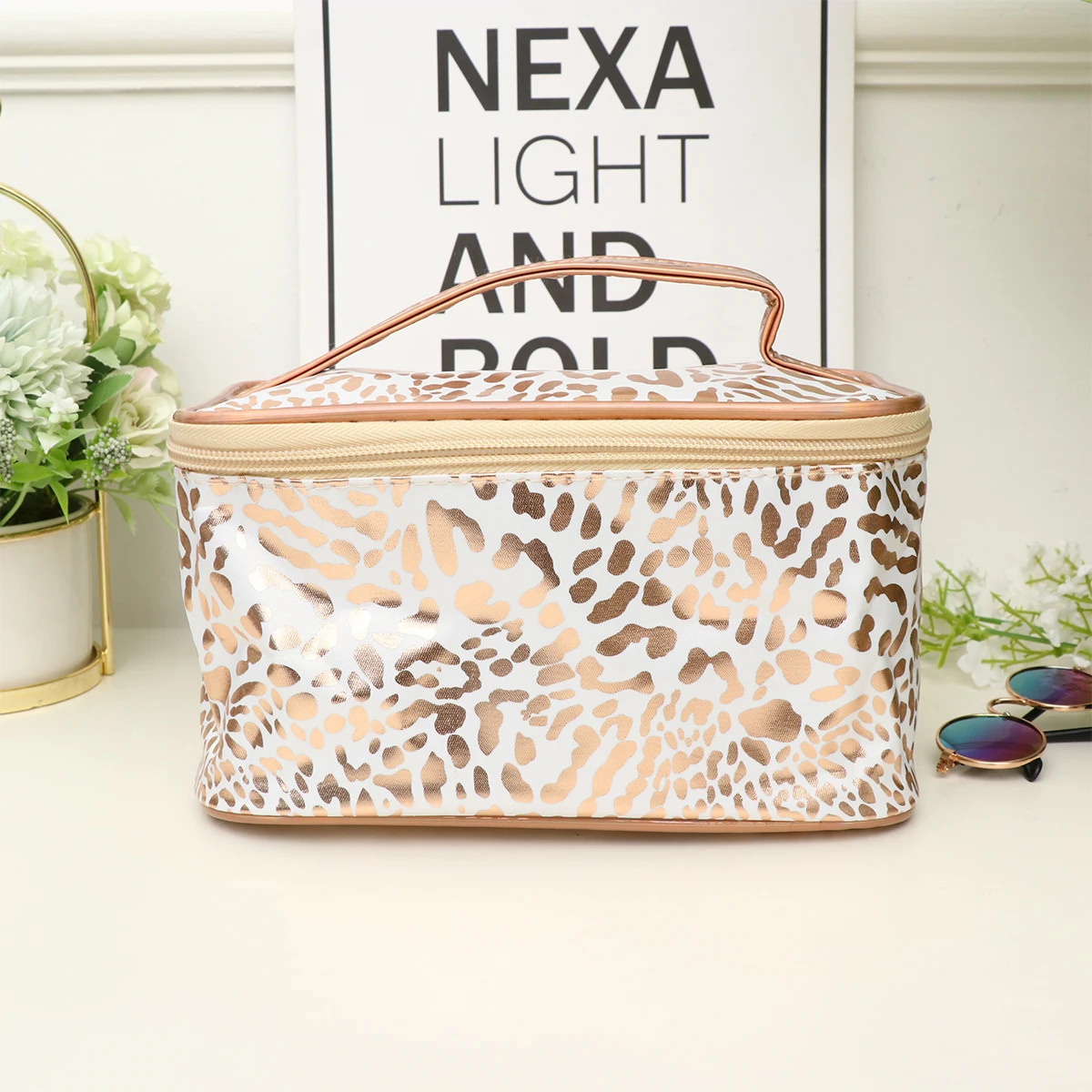 Bolsa con estampado de leopardo para mujer, contenedor de PU de gran capacidad con cremallera, contenedor de maquillaje con cremallera para viaje al aire libre