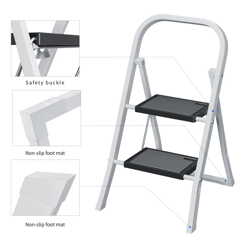 2 Step Ladder, Step Stool for Adults, Folding Step Stool with Wide Anti-Slip Pedal, Sturdy Steel Ladder