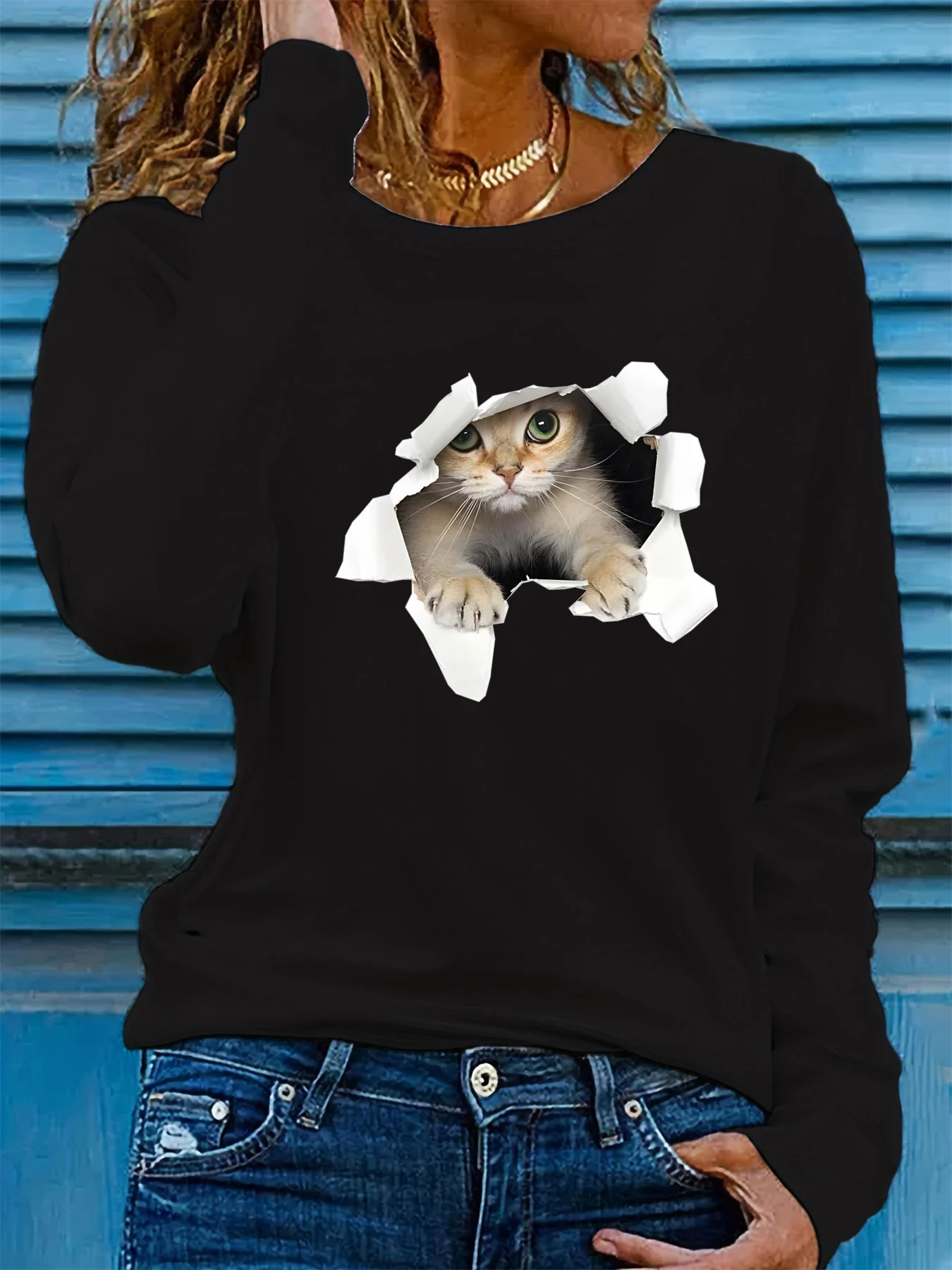 

100% pure cotton women's spring and autumn comfortable casual fashion long sleeved 3D cat graphic printed round neck T-shirt