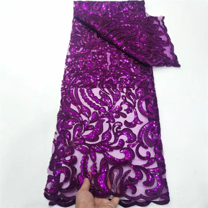 2024 purple African Sequined Purple Lace Fabric for Dress, French and Nigerian Wedding, High Quality Lace Materia