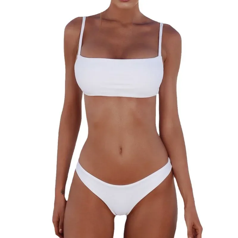 Traje de baño sexy dividido de color sólido Conjunto de traje de baño de dos piezas para mujer Bikini Color sólido Vacaciones en la playa