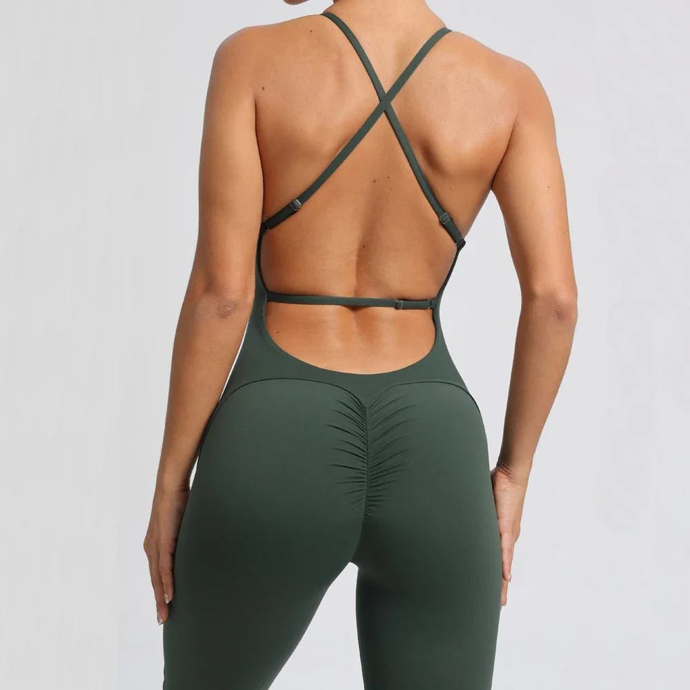 2024 Nylon Pad Bunny Sportwear Fitness Yoga Set Workout Flared Legging One Piece Jumpsuit Pants Exercise Active Wear Bodysuit