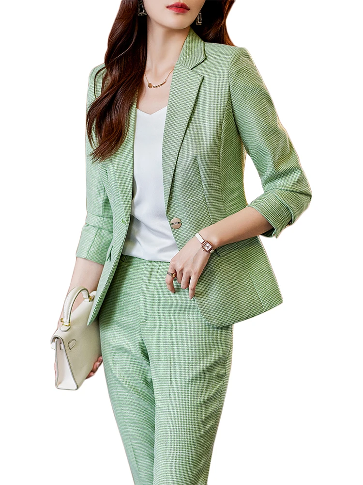 Pink Apricot Green Blue Office Ladies Pant Suit Solid Formal 2 Piece Set Women Business Work Wear Slim Jacket Blazer And Trouser