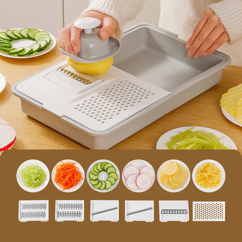 

Multifunctional 6-IN-1 Vegetable Slicer Manual Space-saving Vegetable Cutting Board Anti-Slip Draining Basket