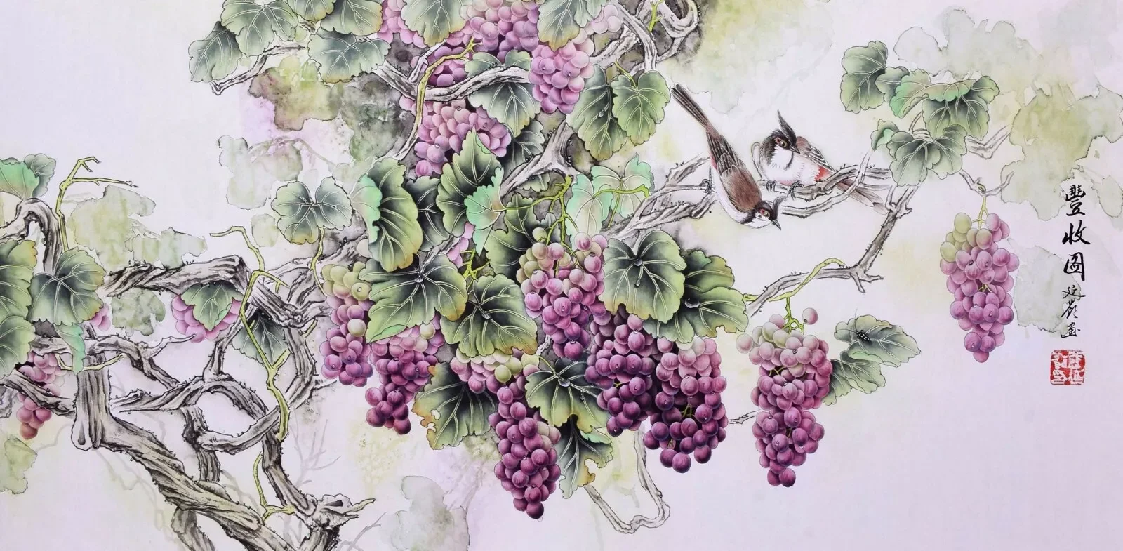 

ORIGINAL ASIAN ART CHINESE FIGURE PAINTING Birds lover&Grape fruit Art Picture Print Silk Poster Living Room Decor Home Wall