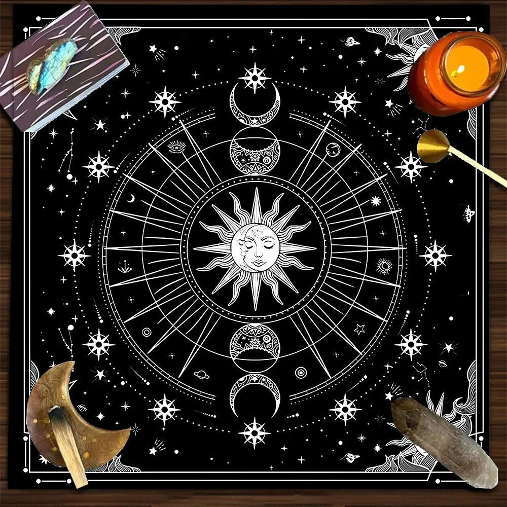 VIKAMA Sun Moon Face & Star Phase Tarot Tablecloth, 6 Designs, Square Velvet Altar Cloth for Divination