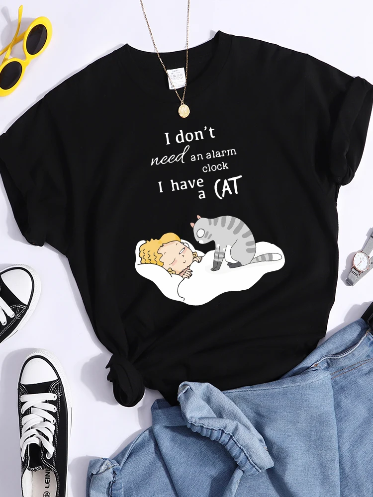 I Don\'T Need An Alarm Clock I Have A Cat T Shirts Women Breathable Hip Hop T-Shirts Soft Sweat Crop Top Street Casual T-Shirt