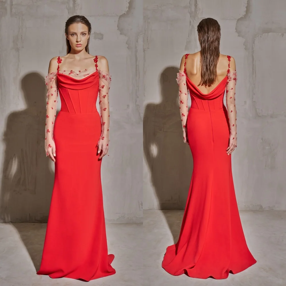 

Customized Jersey Embroidery Spaghetti Strap A-line Long Dresses Bespoke Occasion Party Fashion Simple Elegant