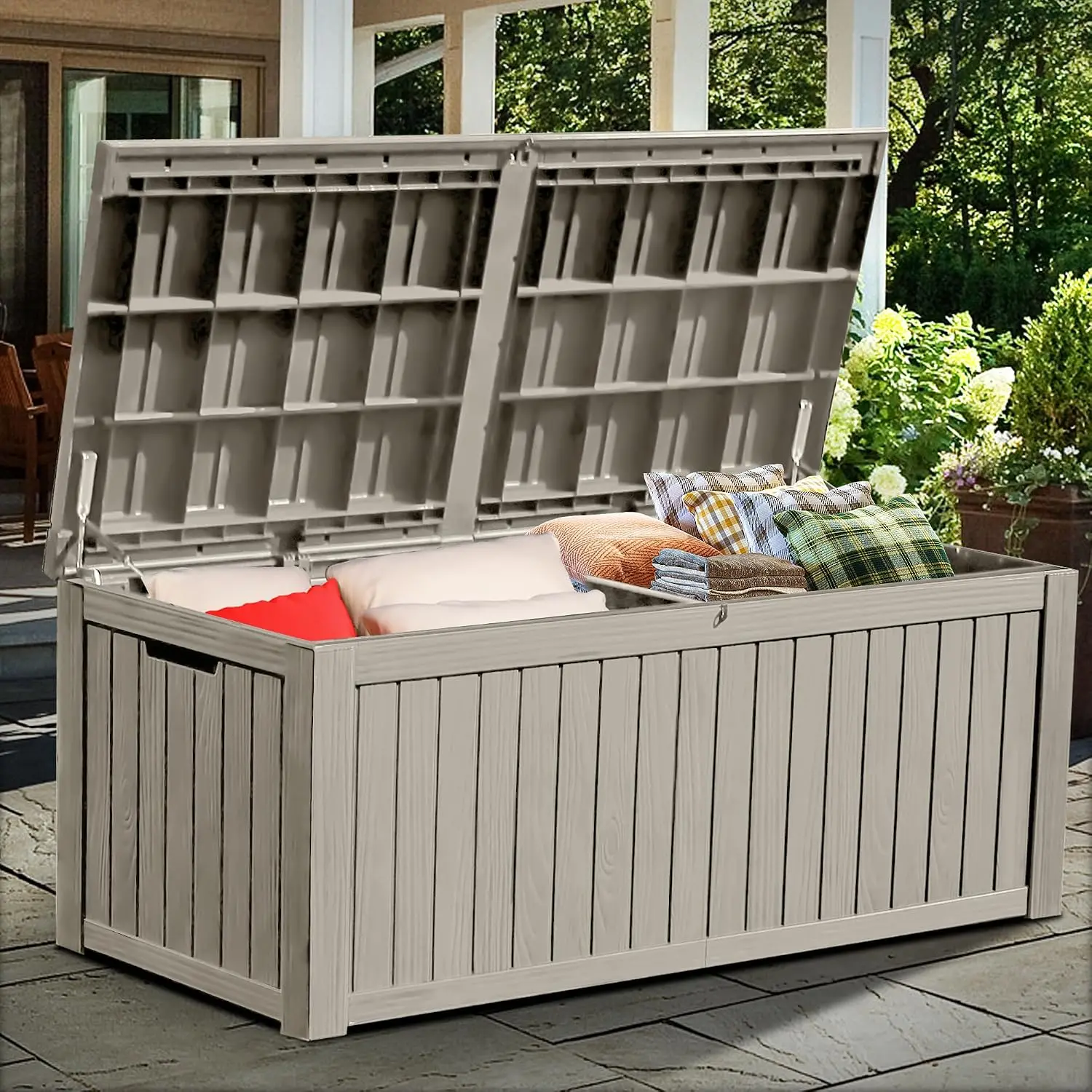 180 Gallon Resin Outdoor Storage Deck Box with Divider, Waterproof Storage Container for Patio Furniture, Outdoor Cushions, Garden Tools, Sports Equipment and Pool Supplies