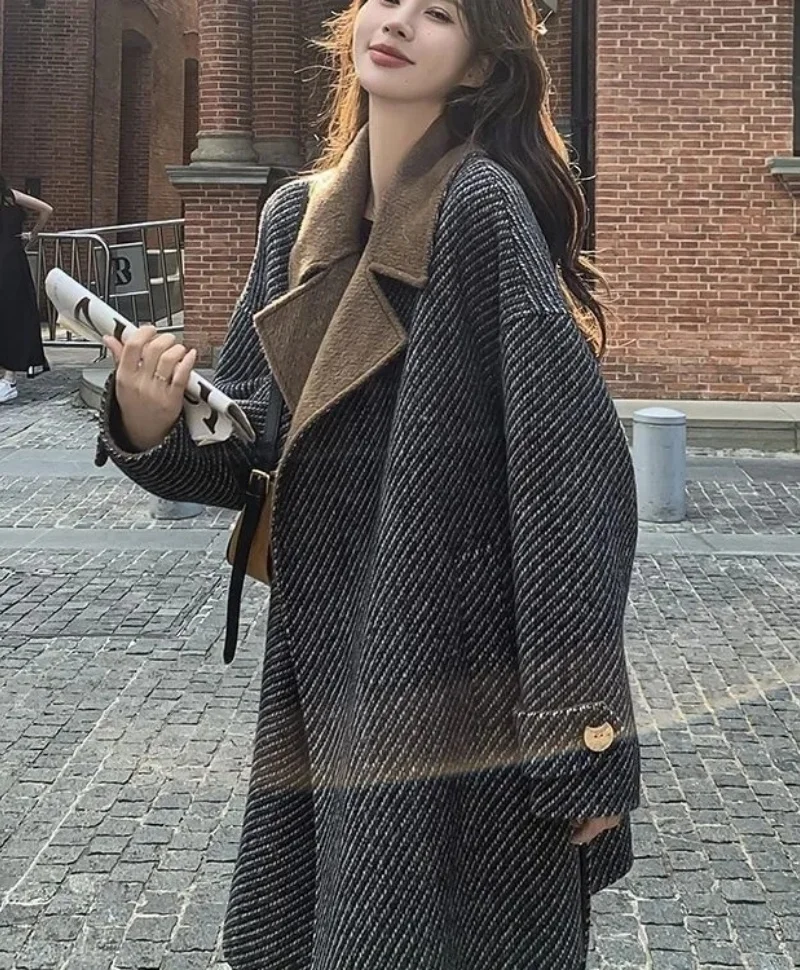 

Корейское полосатое контрастное шерстяное пальто для женщин, осень и зима 202, новый толстый модный плащ, элегантный w1405