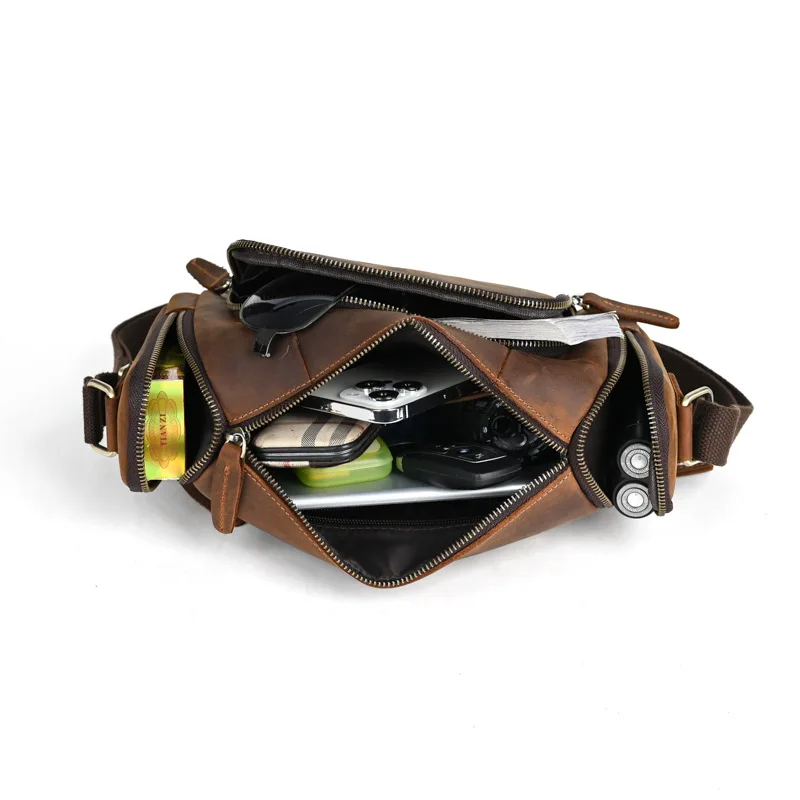 2024 New Luxury Crazy Horse Skin Men\'s Handbags Cow Genuine Leather Male Shoulder Bag Real Natural Leather Crossbody Bag