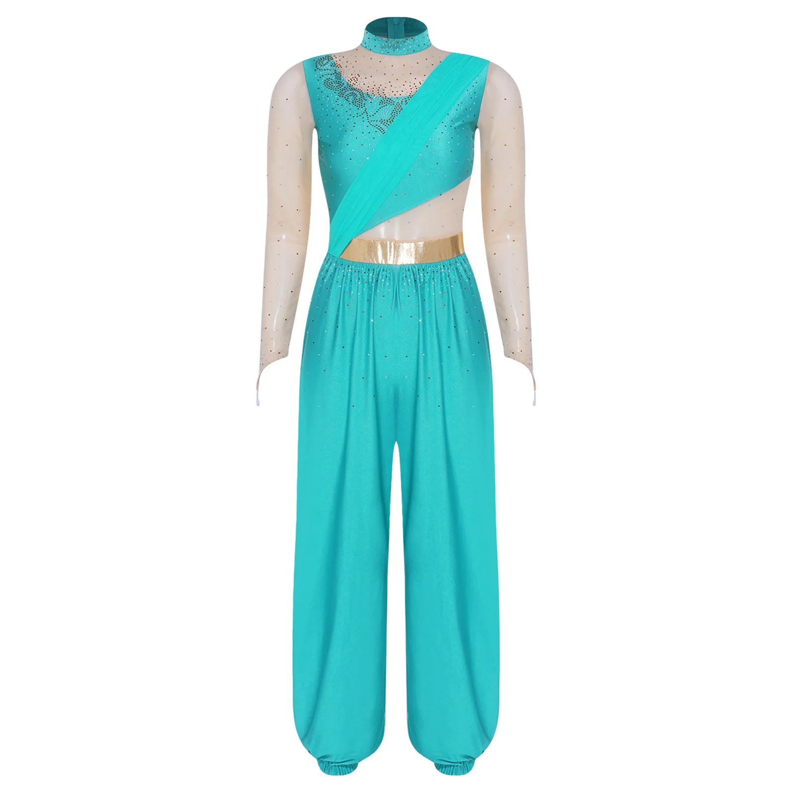 Bauchtanz-Outfit für Damen mit Strasssteinen, Märchenprinzessin-Kostüm, Transparenter Mesh-Jumpsuit mit Langen Ärmeln und Metallischer Taillenlinie – Detail 18