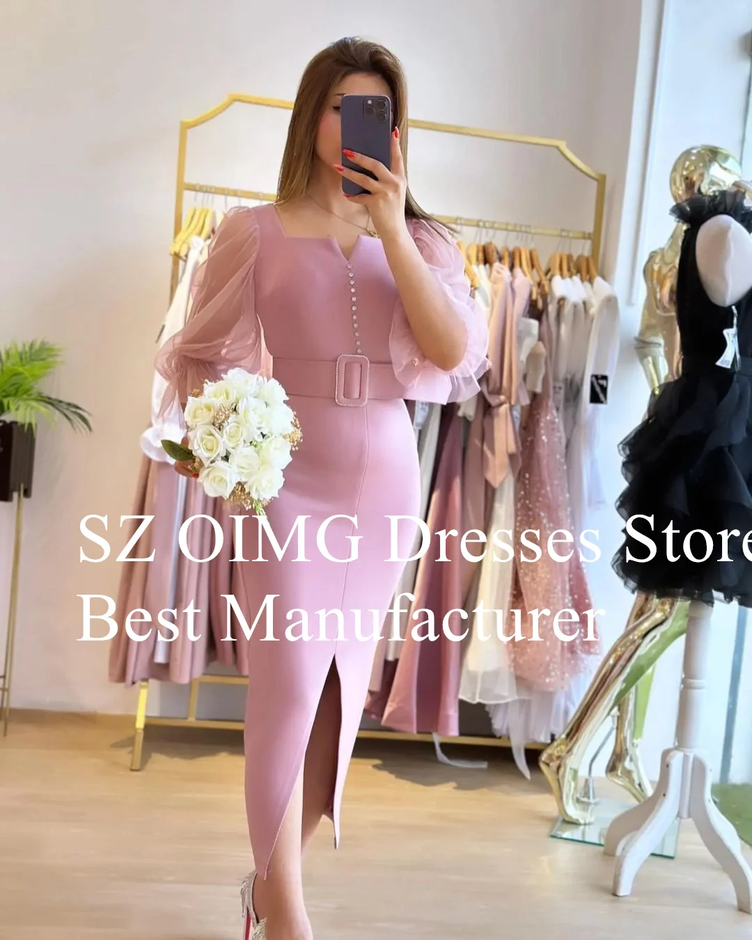 OIMG Square Collar Prom Dresses Puff Sleeves Tea Length Arabic Ruched Satin Elegant Mermaid Evening Gowns Formal Party Dress