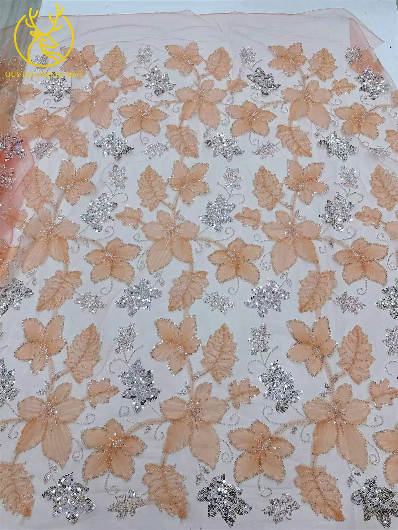 Französischer Tüll-Stickerei-Spitzenstoff, hochwertiger afrikanischer Spitzenstoff mit Perlen und Pailletten, nigerianischer Spitzenstoff zum Nähen von Hochzeits- und Abendkleidern – Detail 8