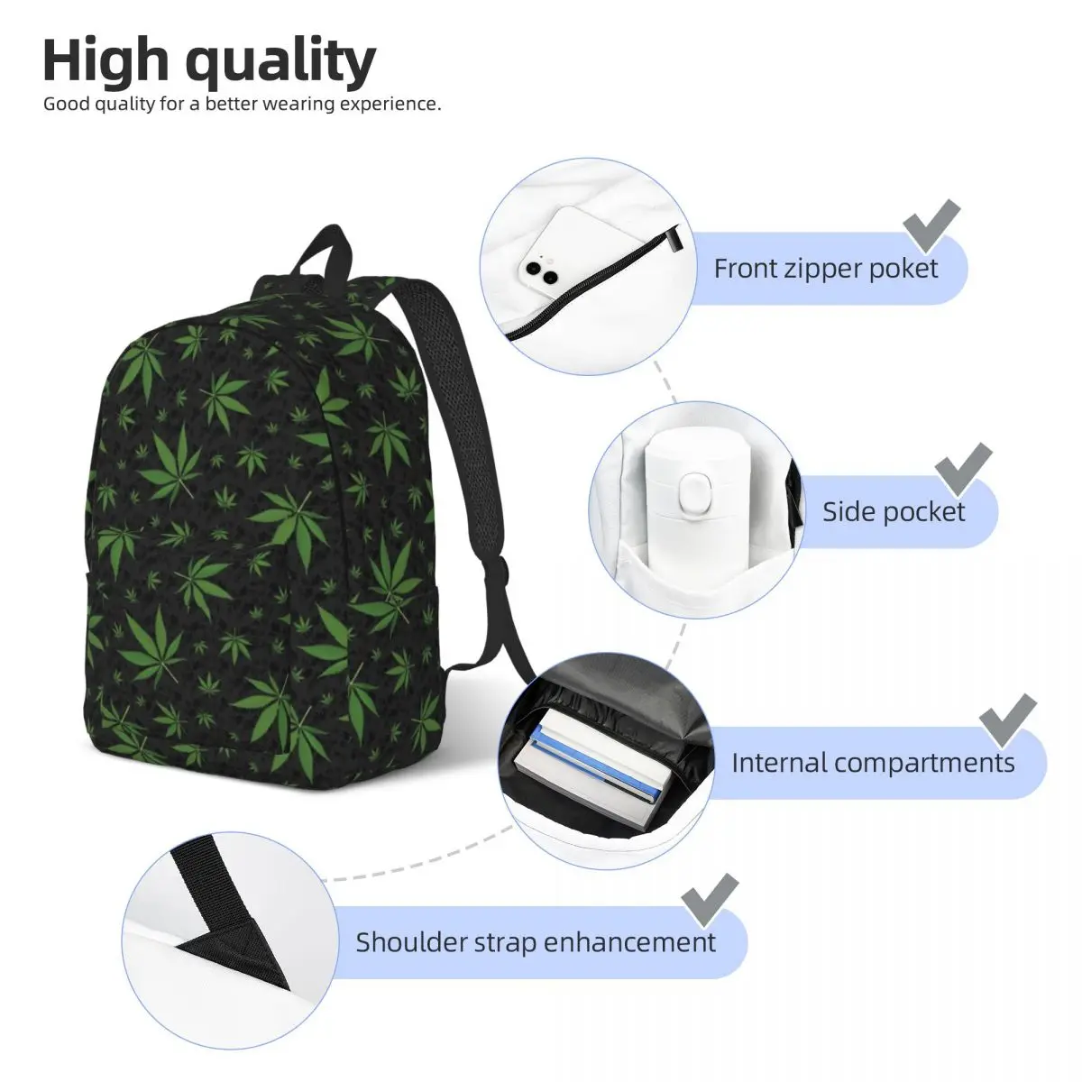 Mochila Canvas Padrão de Folha de Erva Daninha com Bolso para Homens e Mulheres, Panela de Trabalho Escolar, Mochila Herb, Laptop, Computador, Moda