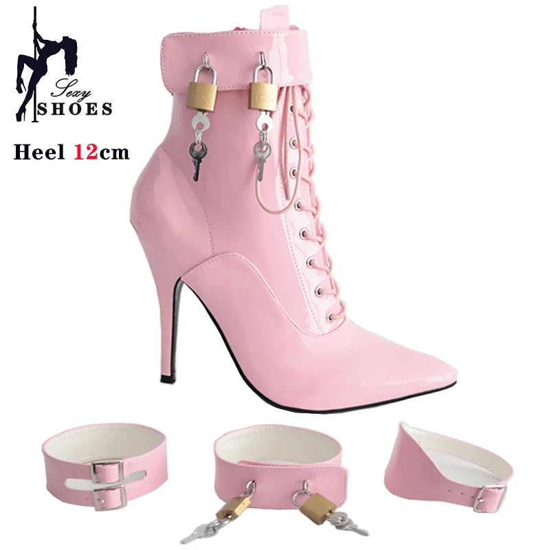 Lady Sexy Pink Fetish Zip Ankle Boots T Show Pointy Toe Lock Belt Buckle Club Party Shoes Thin High Heels Laces Boots For Women