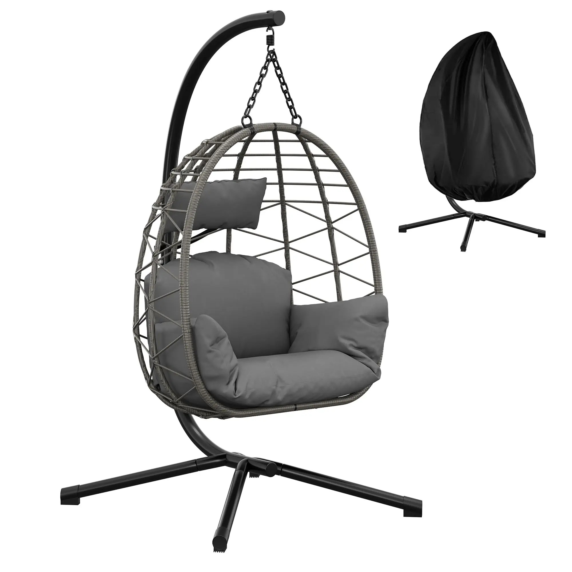 HAUSPROFI Hangende Eierschommelstoel met standaard, schommelhangmat, weerbestendig kussen, draagvermogen 130 kg voor tuin, balkon, terras, decoratie